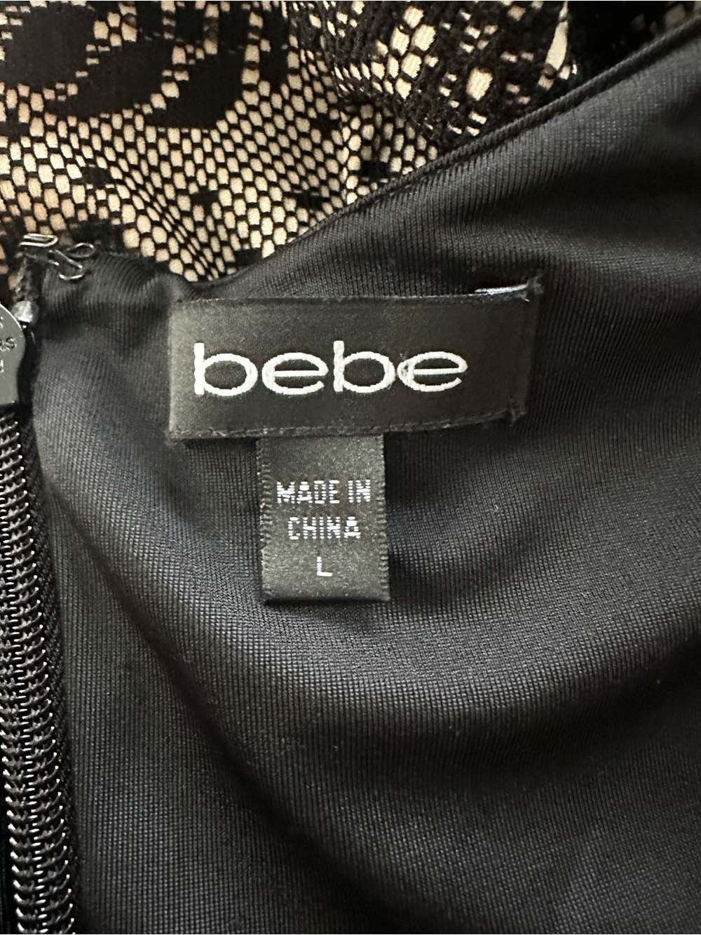 bebe Black & Tan Lace Peplum Cocktail Dress - Size L Y2K Retro Style - Picture 5 of 5